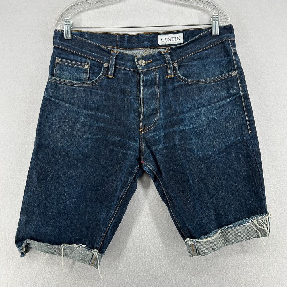 GUSTIN Shorts Mens 34 Selvedge Slim Denim Jorts Cut Offs Button Fly Blue